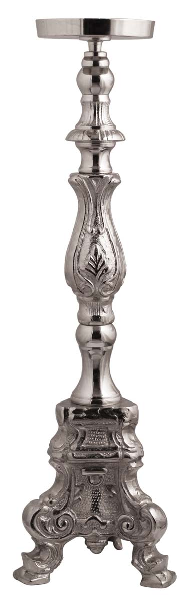 38.5” Pillar Candleholder with Tri-Stand – In Aluminum with Silver Tone & Embossing – Antique-Look Home Décor / Gifts